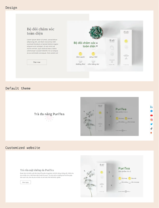 Comparison between the Proposed design, the Default theme and the Finished version for the Product introduction