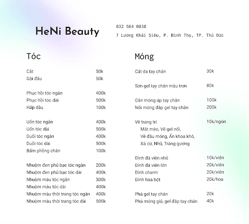 HeNi Beauty price list