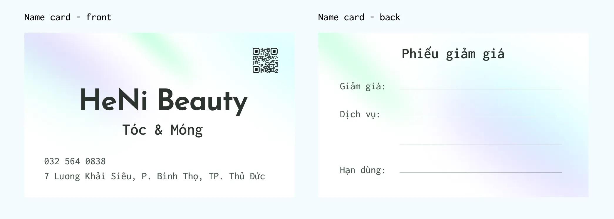 HeNi Beauty name card front side and back side