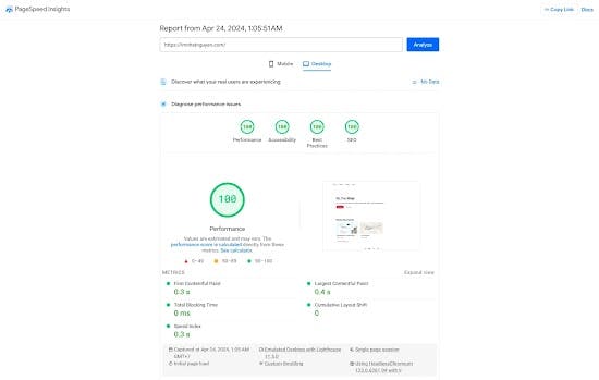 PageSpeed Insights report for imnhatnguyen.com (Desktop)